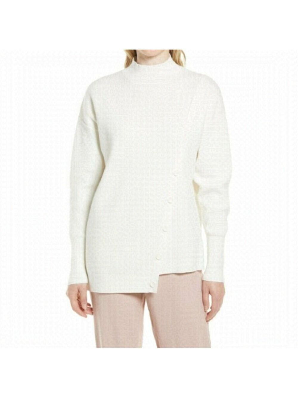 HALOGEN BNWT Sz Large Womens Ivory Ribbed Sweater New Mock Neck Button Detail
